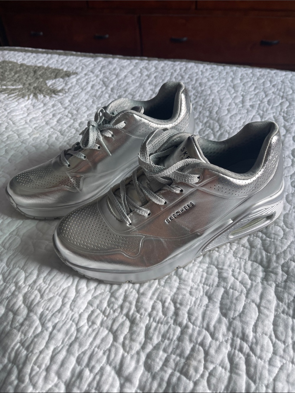 Skechers Metallic Silver Lace-Up Platform Sneakers